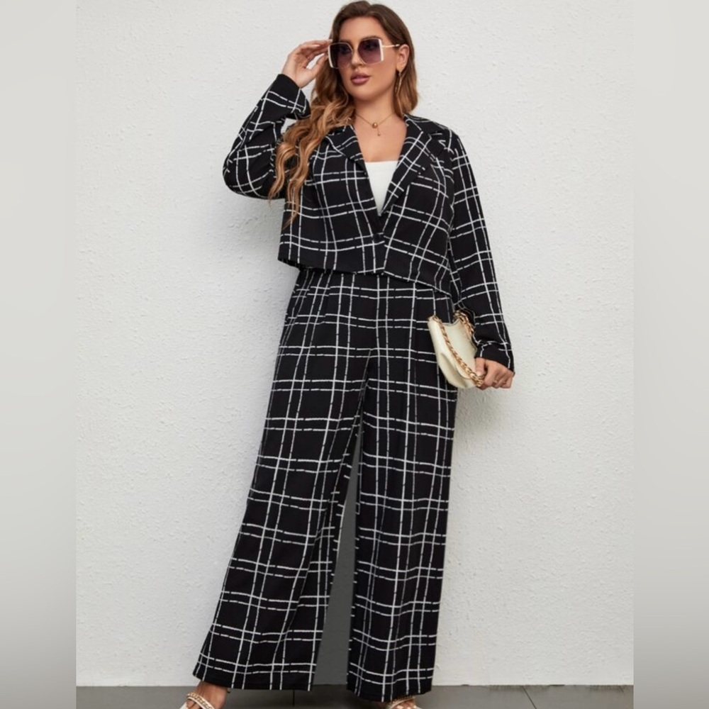 ✨NEW✨0xl Plaid Print Blazer & Wide Leg Pants